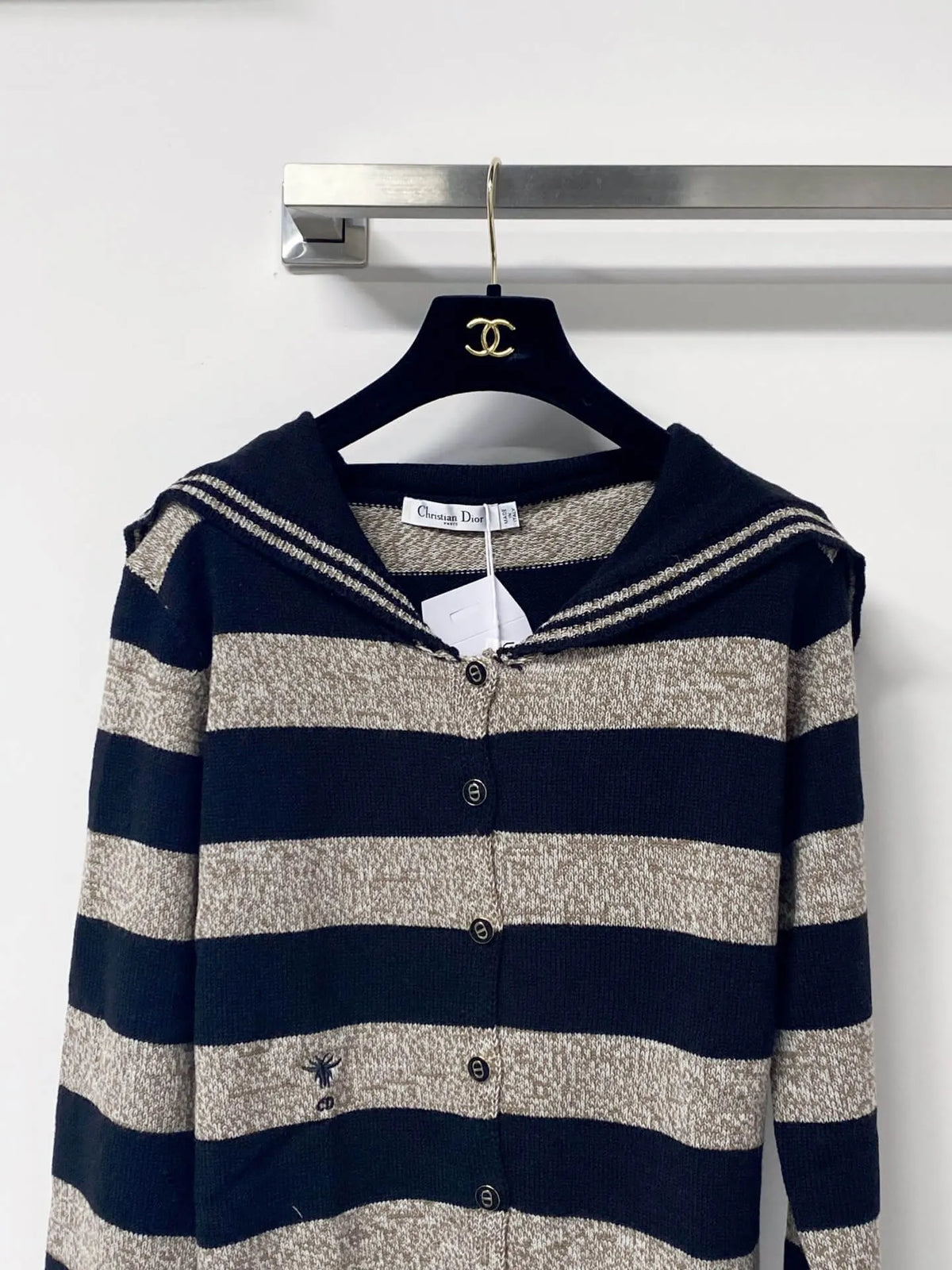 Black Grey Stripe Sailor Collar Cardigan