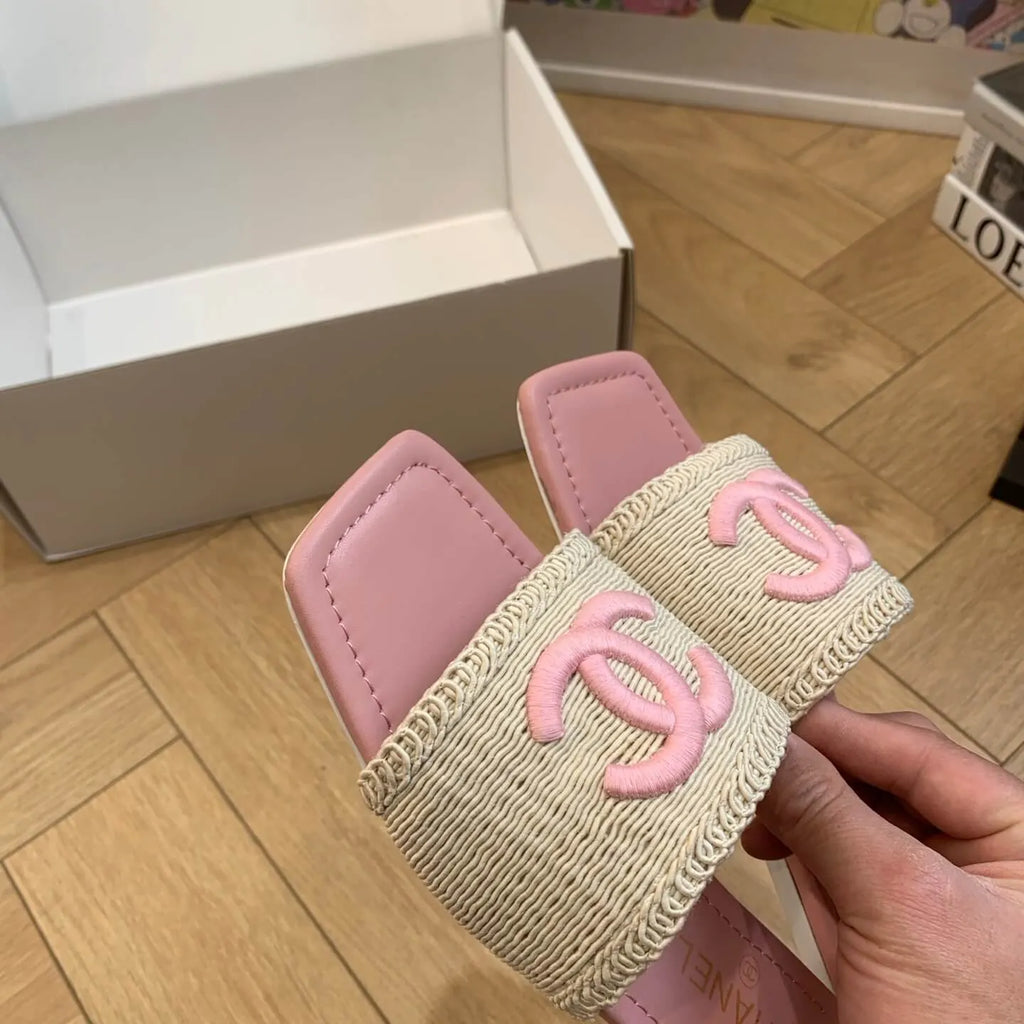 Vacation Style Square-Toe Woven Pink Sandals