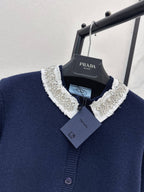 Navy Beaded Collar Knit Cardigan