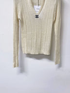 Polo V-Neck Rib Knit Long Sleeve Top