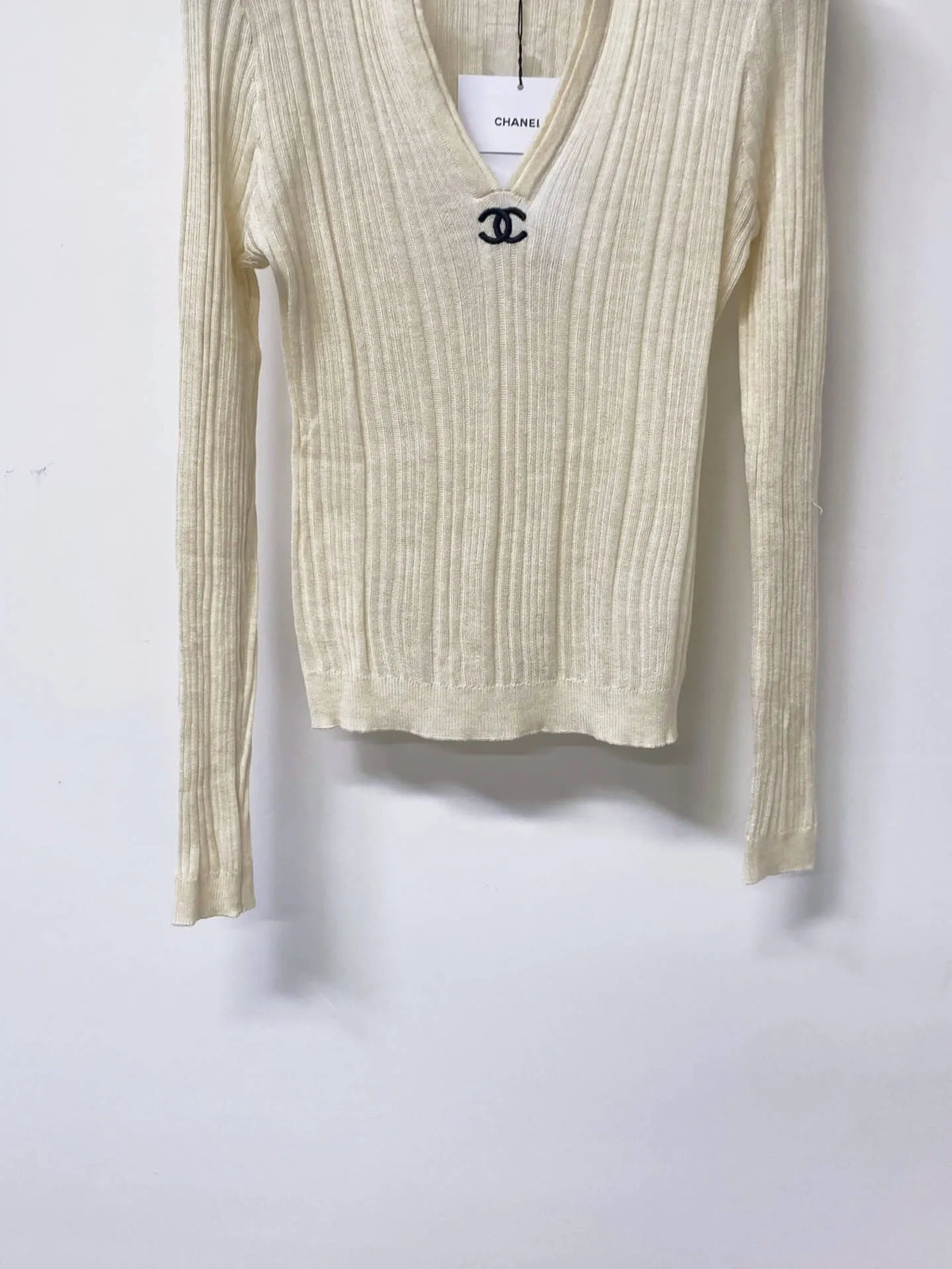 Polo V-Neck Rib Knit Long Sleeve Top
