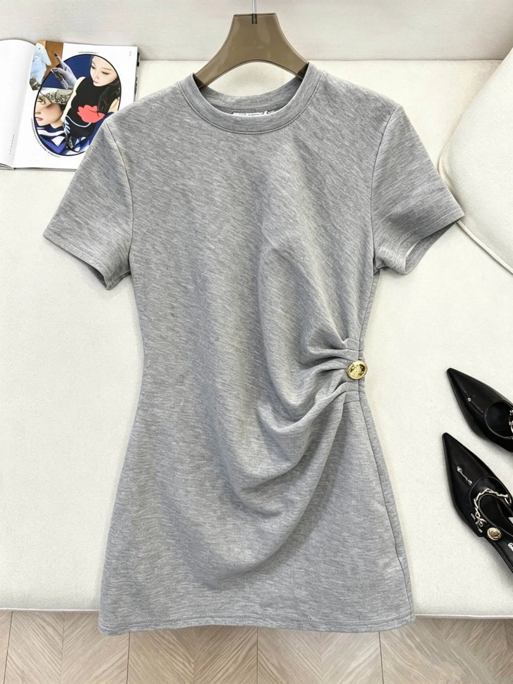 Gold Button Waist Short Sleeve Dress