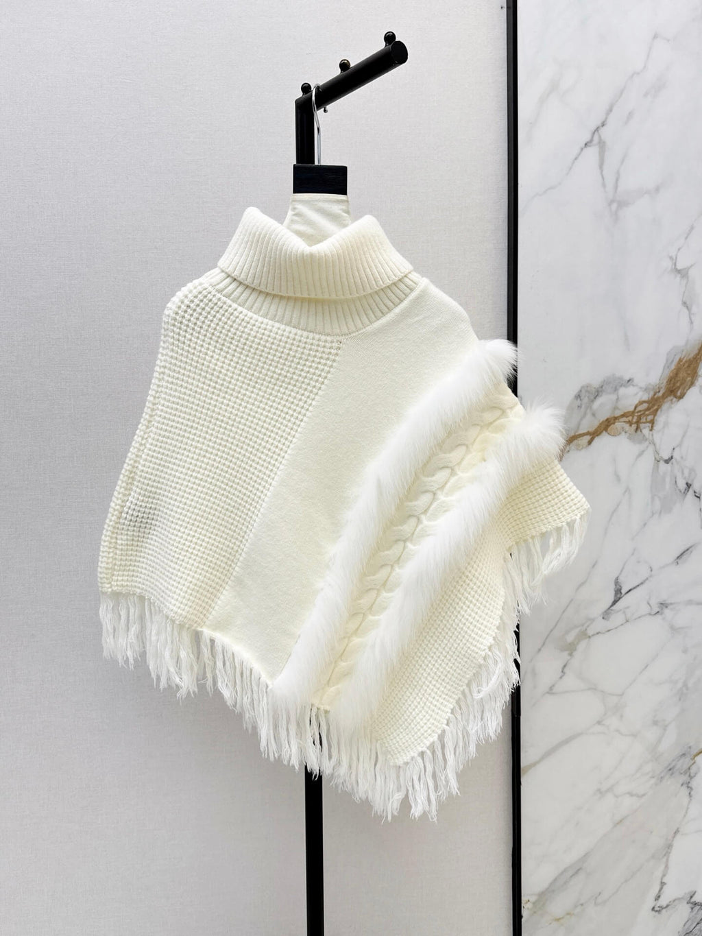 Turtleneck Fringe Knit Poncho