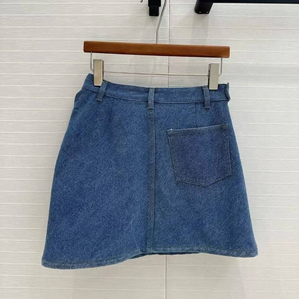 Pleated Patchwork Leather Label Denim Skirt