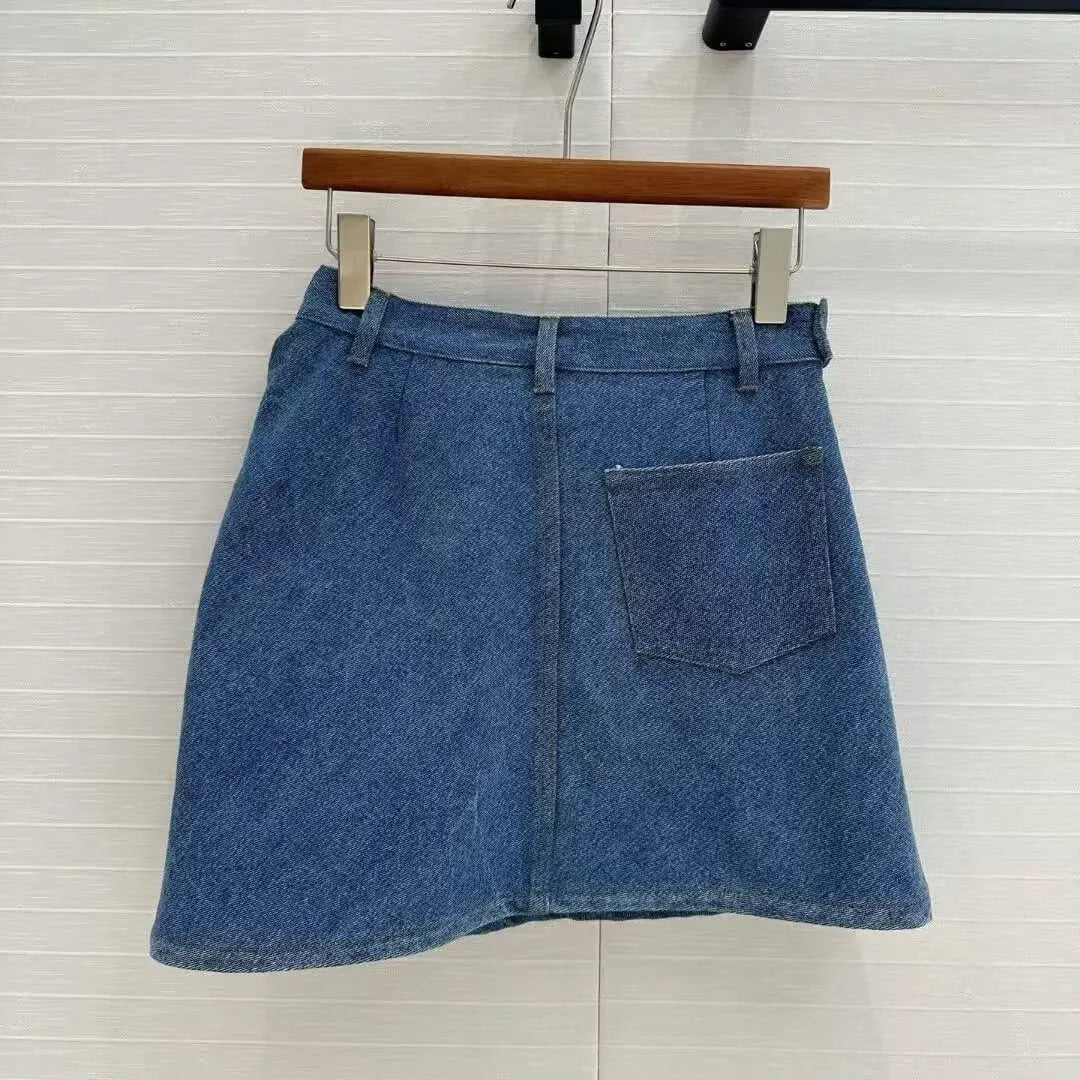 Pleated Patchwork Leather Label Denim Skirt
