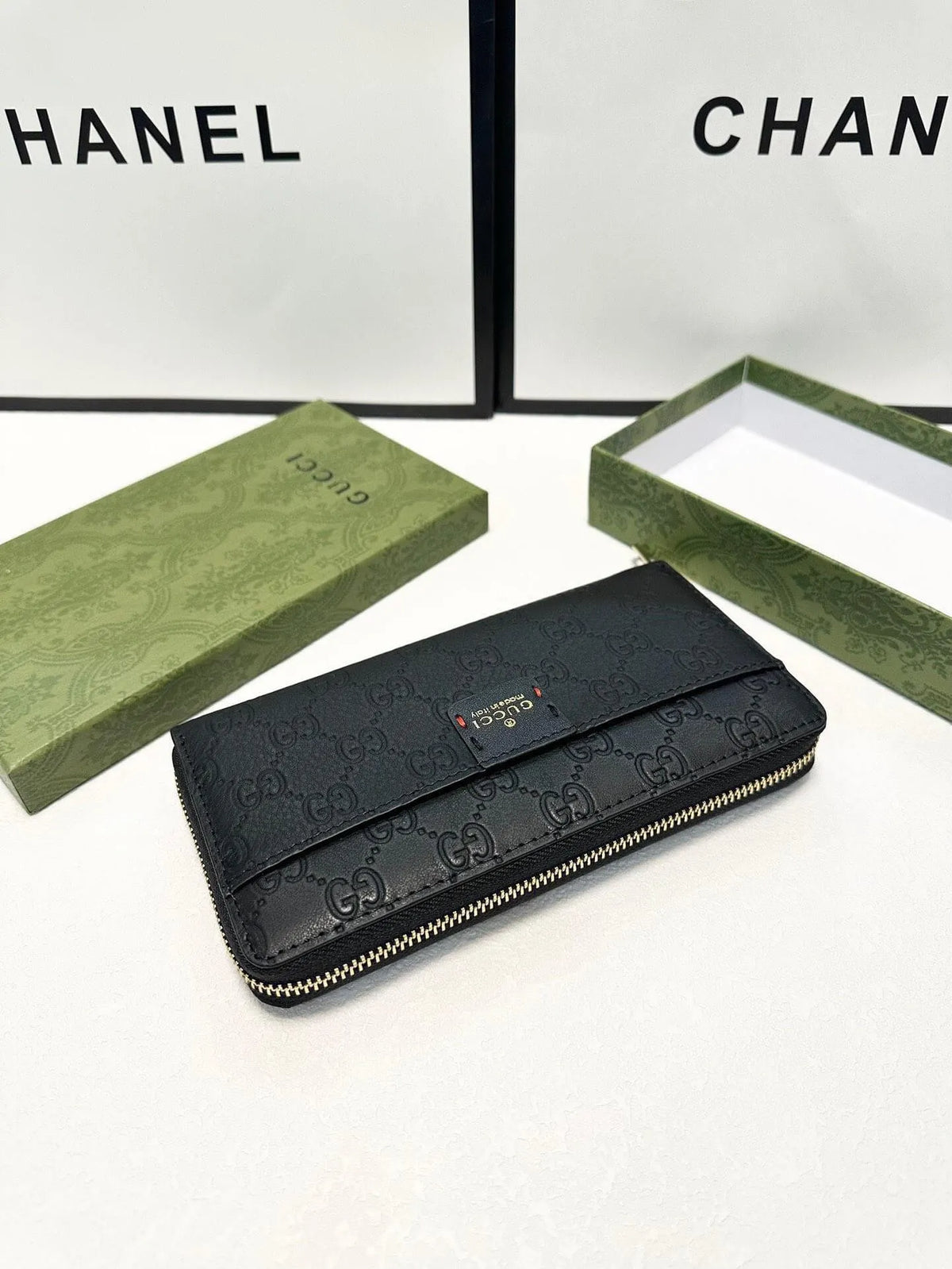 Black Textured Embossed Zip Long Wallet