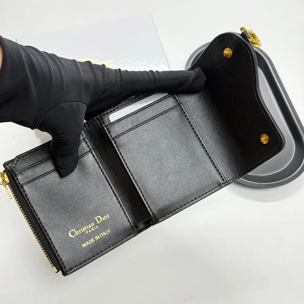 Black Grained Calfskin  Short Card Holder Wallet