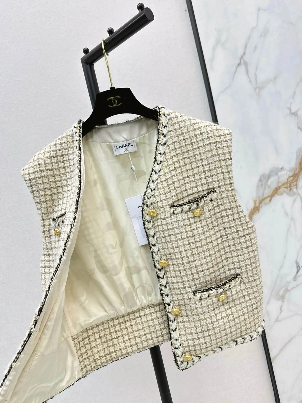 Check Tweed Cropped Vest V-Neck