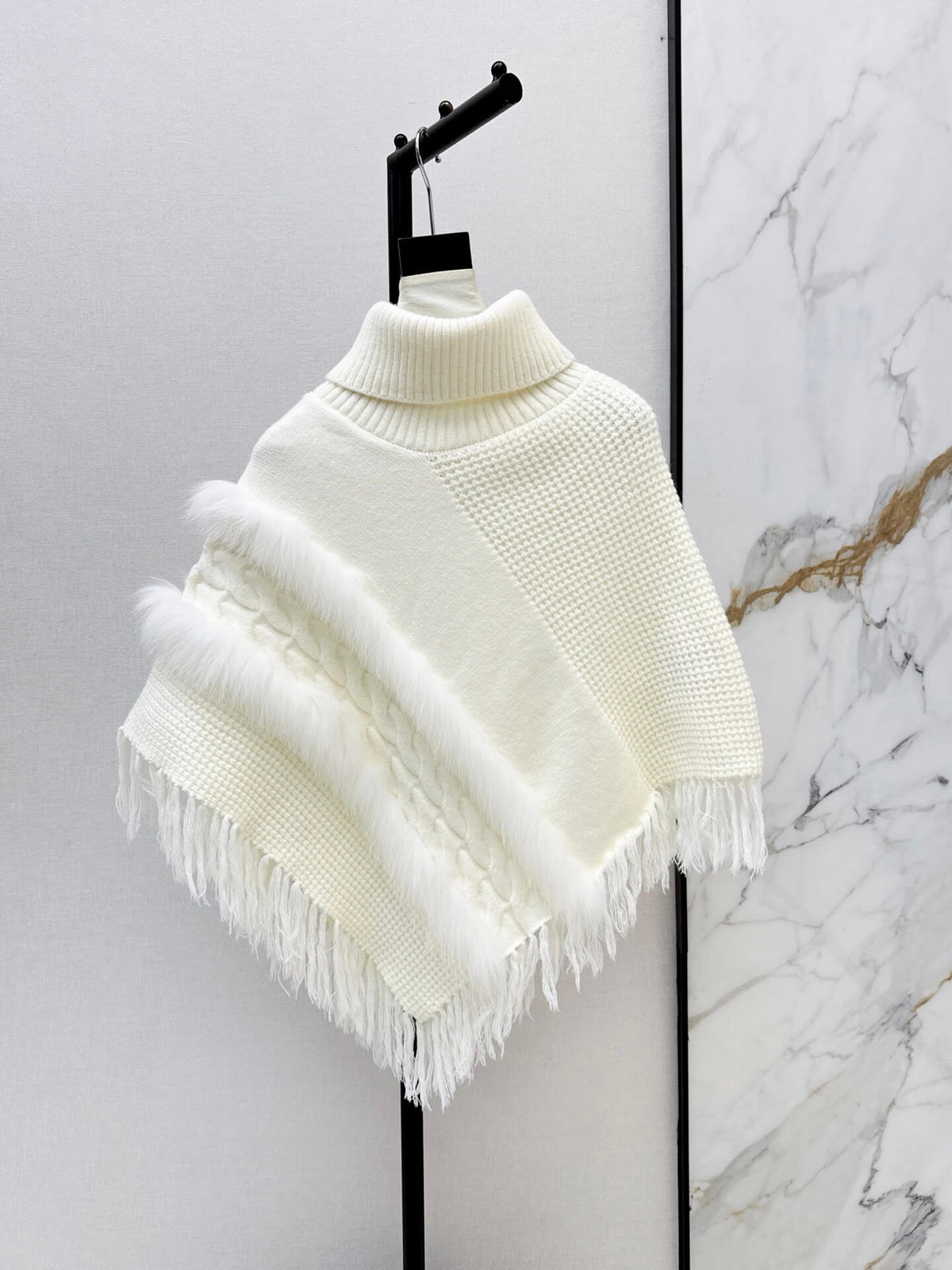 Turtleneck Fringe Knit Poncho