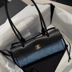 Denim and Leather Baguette Bag