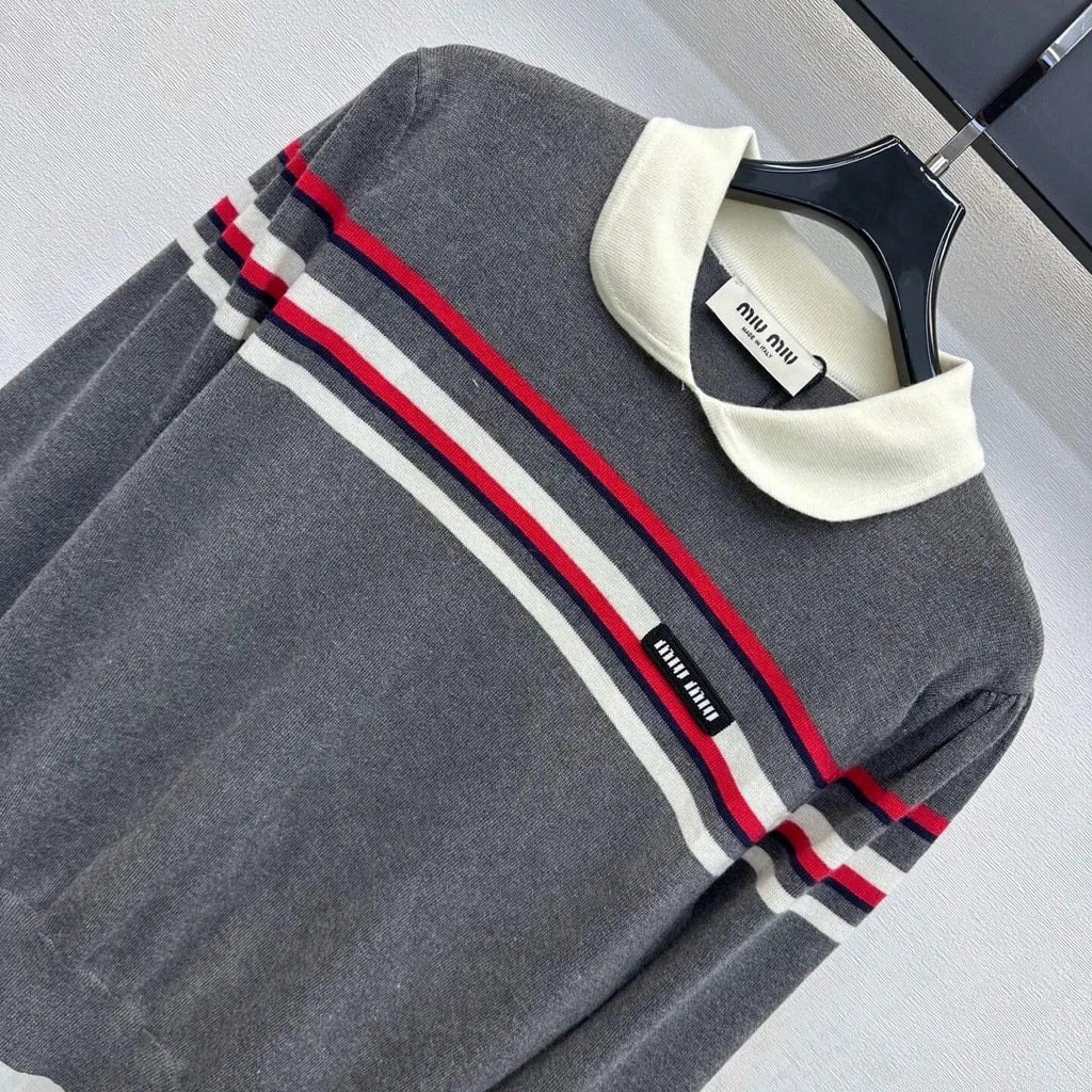 Contrast Collar Striped Knit Top