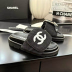 Zippered Pocket Black Denim Fabric Sandals