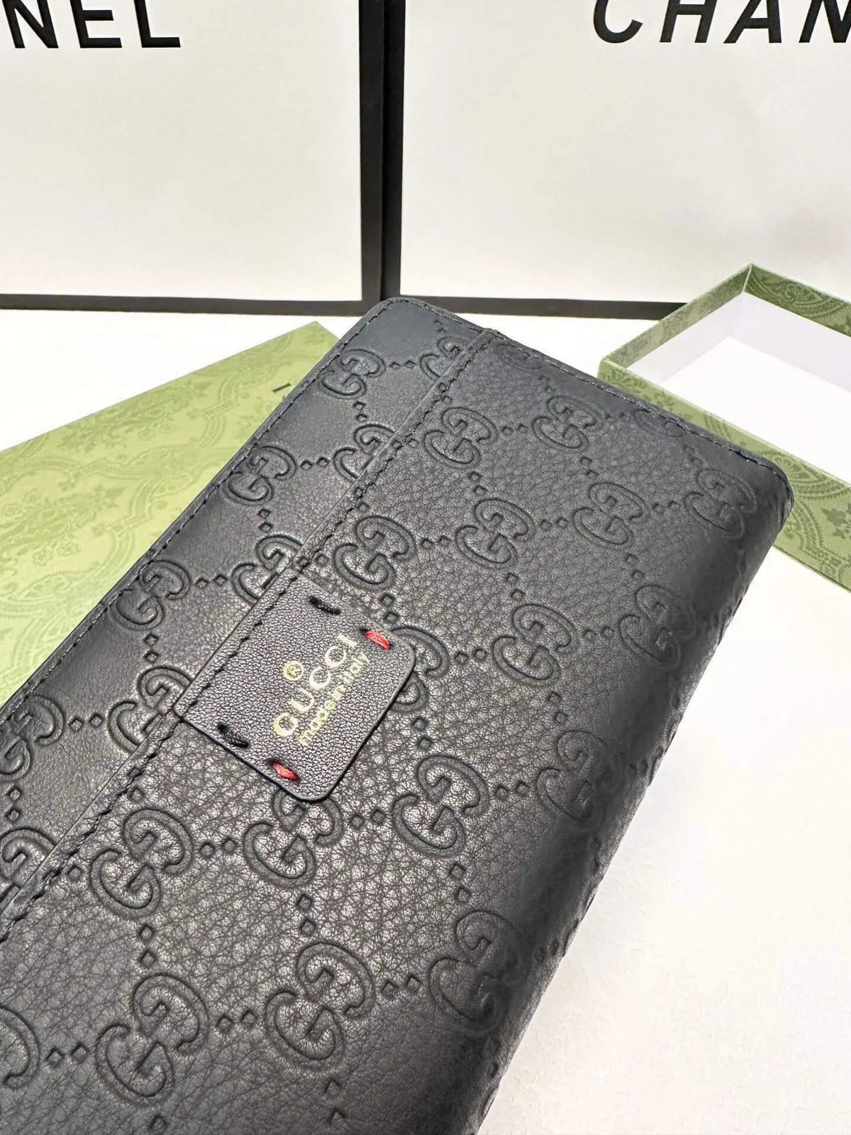 Black Textured Embossed Zip Long Wallet