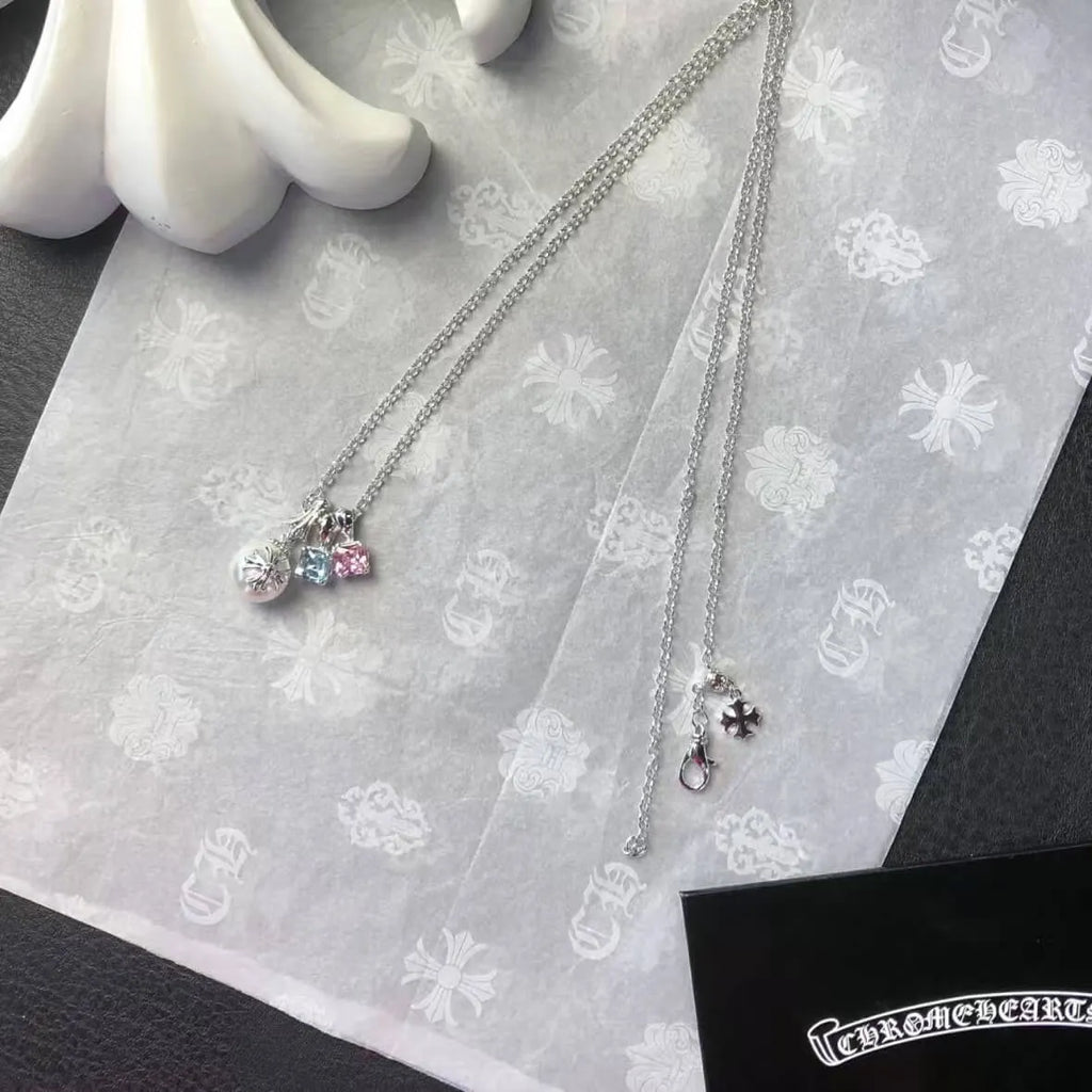 Cross Pearl & Colored Diamond Necklace