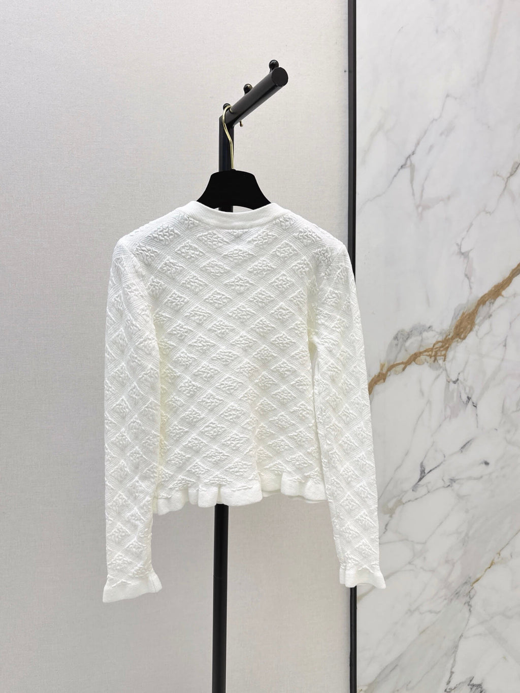 Diamond Jacquard Ruffle Hem Knit Cardigan