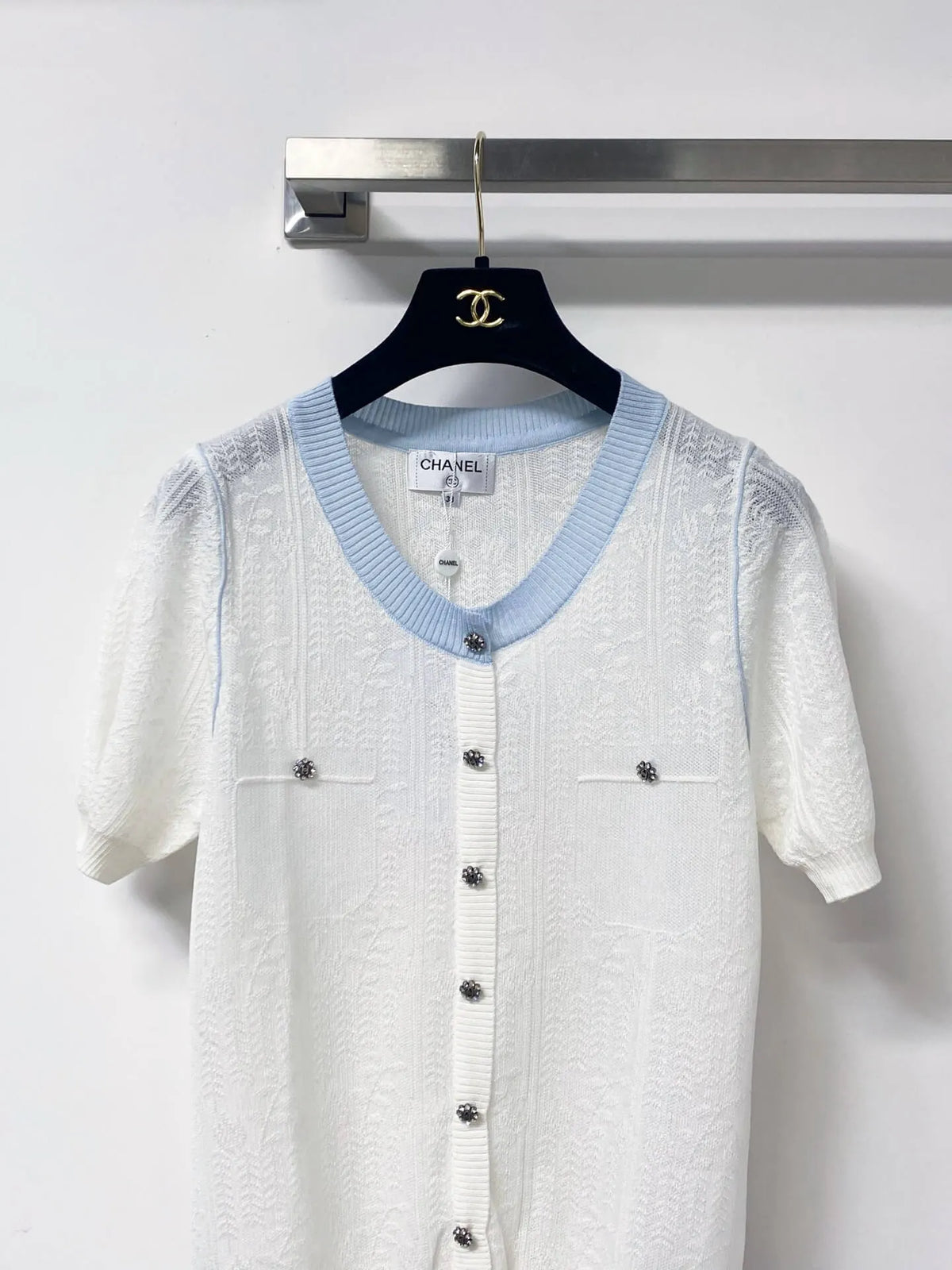 Jacquard V-Neck Short Sleeve Knit Cardigan