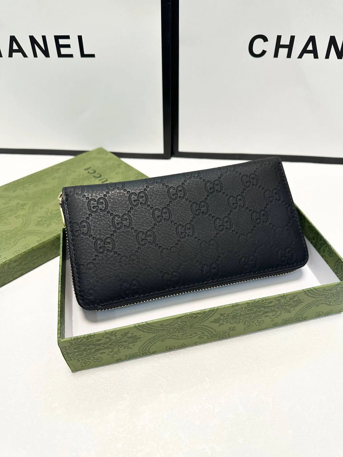 Black Textured Embossed Zip Long Wallet