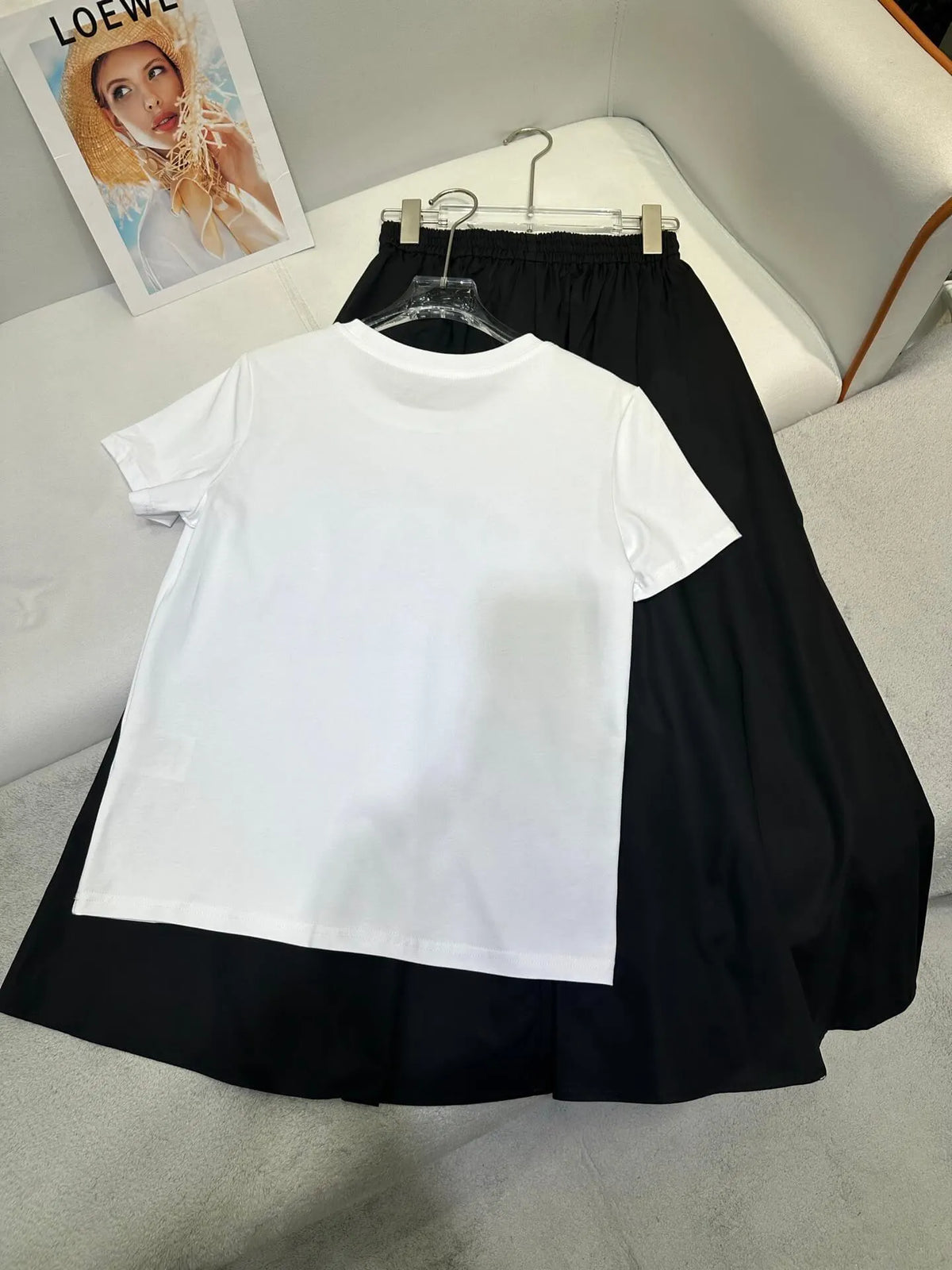 Crest Letter Print Tee Elastic Waist Midi Skirt Set