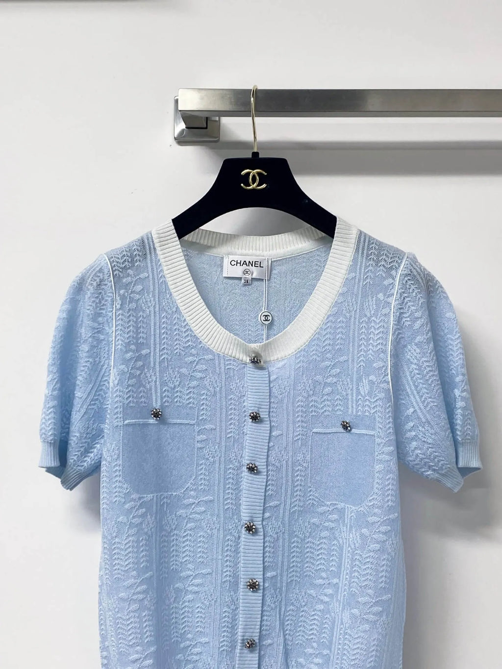 Jacquard V-Neck Short Sleeve Knit Cardigan
