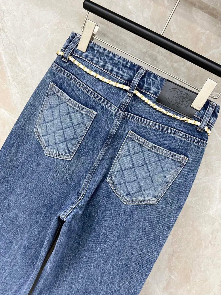 Chain Belt Decor High Waist Wide Leg Jeans