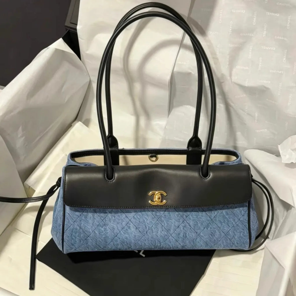 Denim and Leather Baguette Bag