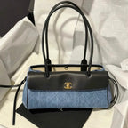 Denim and Leather Baguette Bag