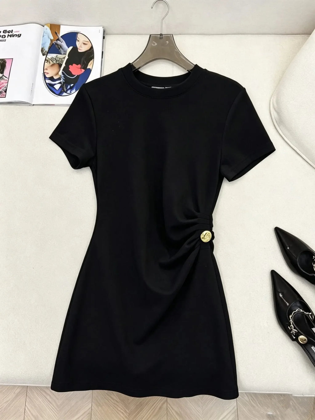 Gold Button Waist Short Sleeve Dress