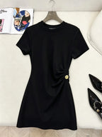Gold Button Waist Short Sleeve Dress