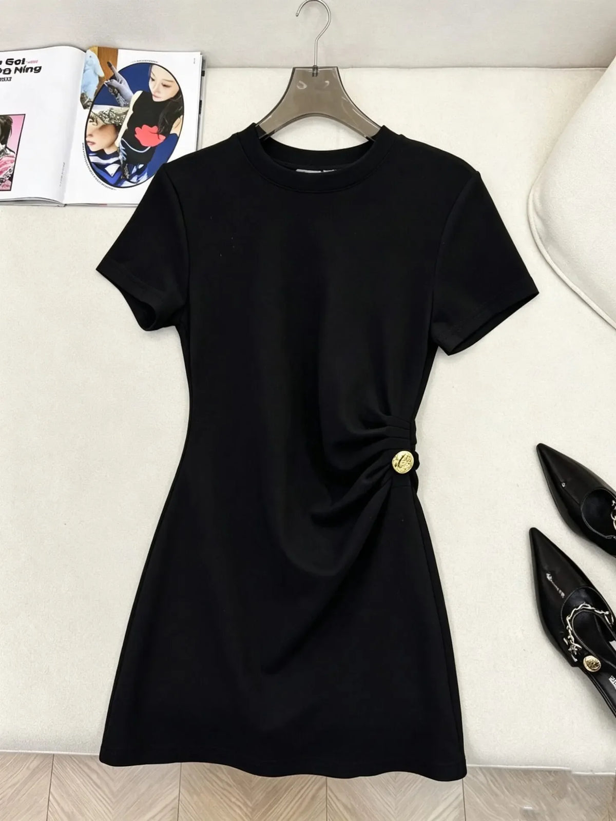 Gold Button Waist Short Sleeve Dress