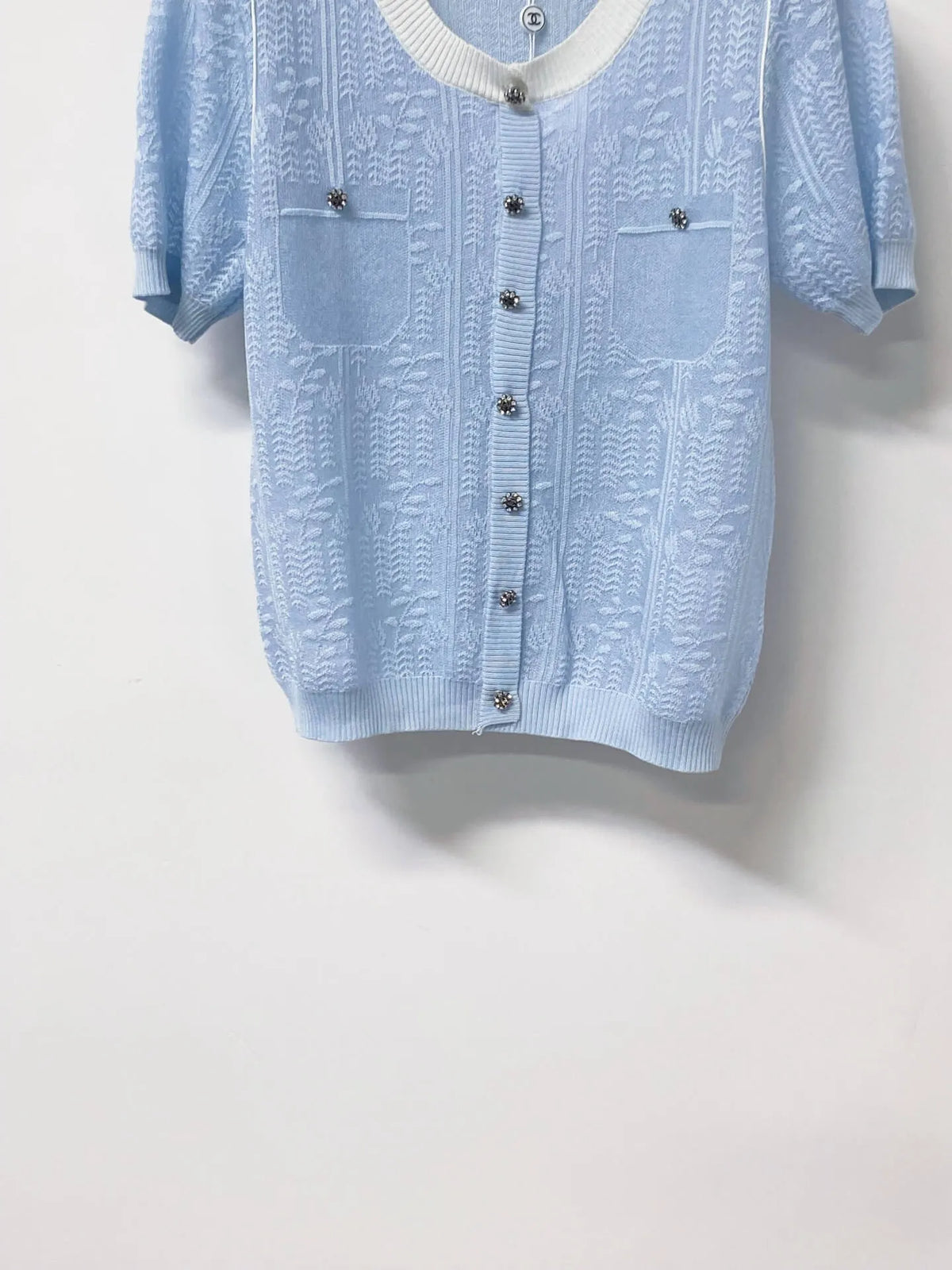 Jacquard V-Neck Short Sleeve Knit Cardigan
