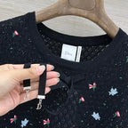 Floral Embroidered Bow Hollow Knit Short Sleeve