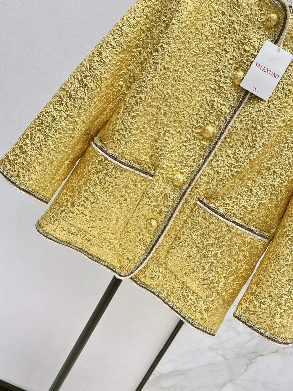 Yellow Textured Round Neck Jacket