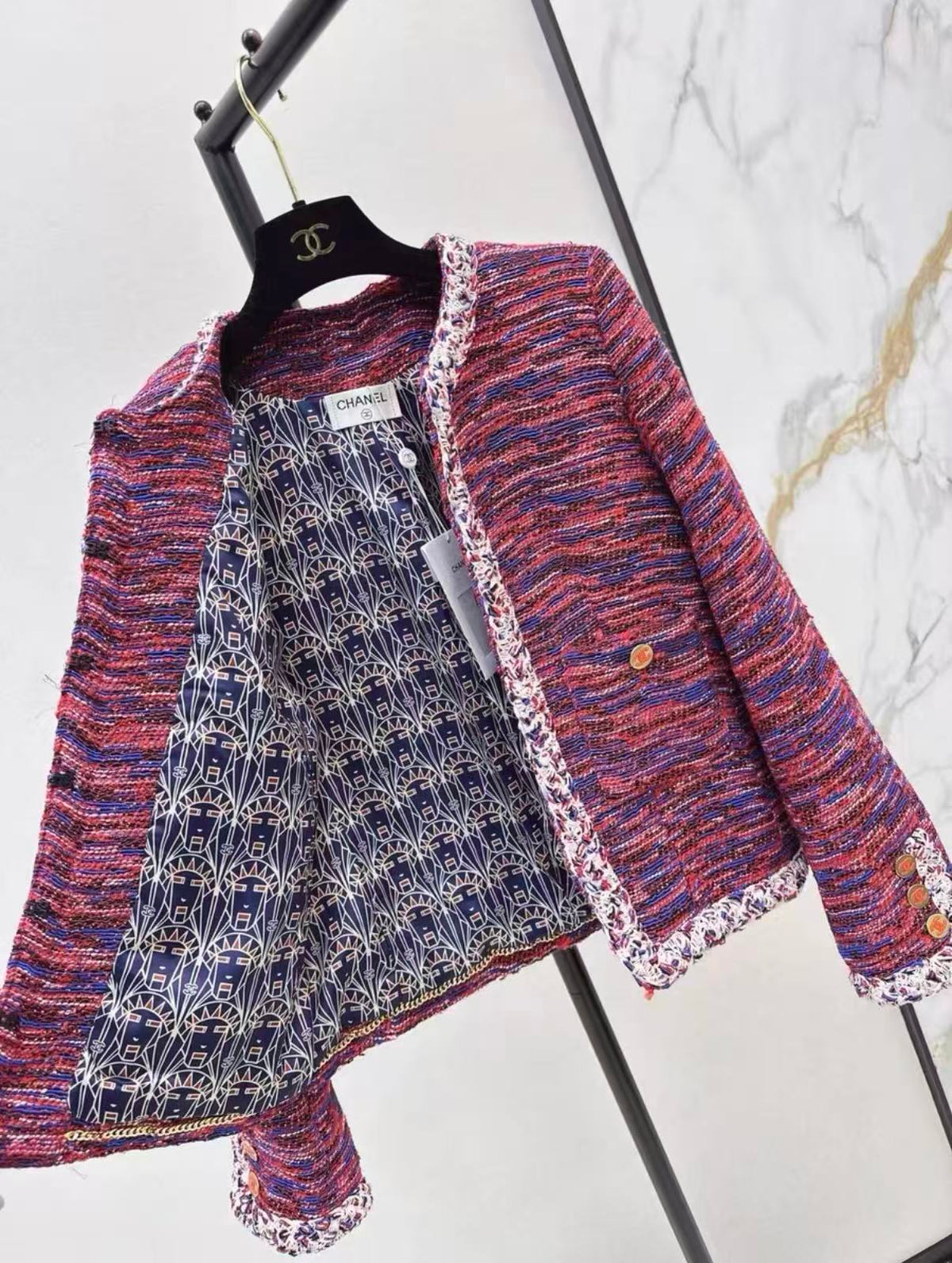 Red-Blue Mixed Tweed Jacket and Skirt Set