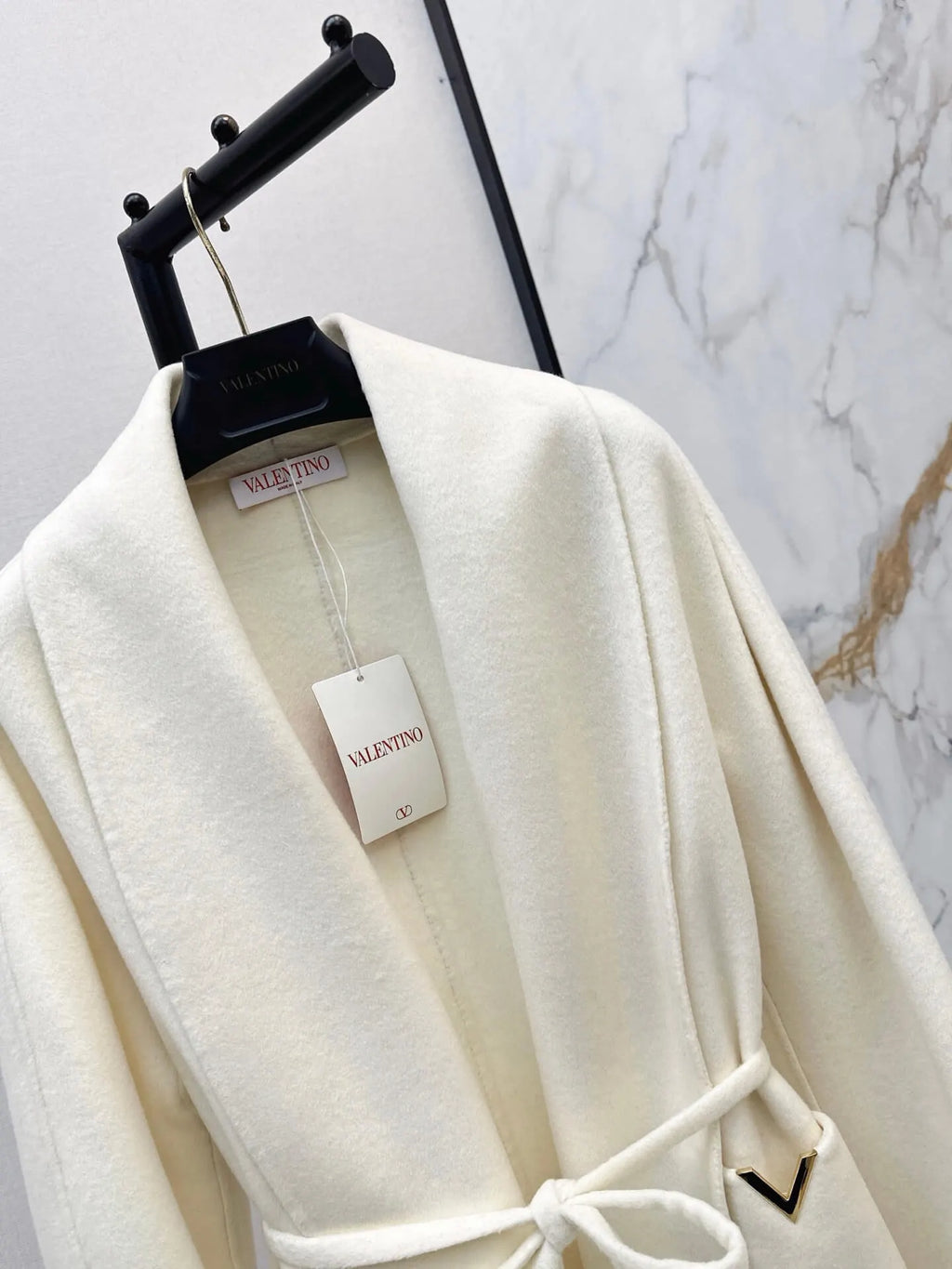 V Detail Belted Wool Long Coat