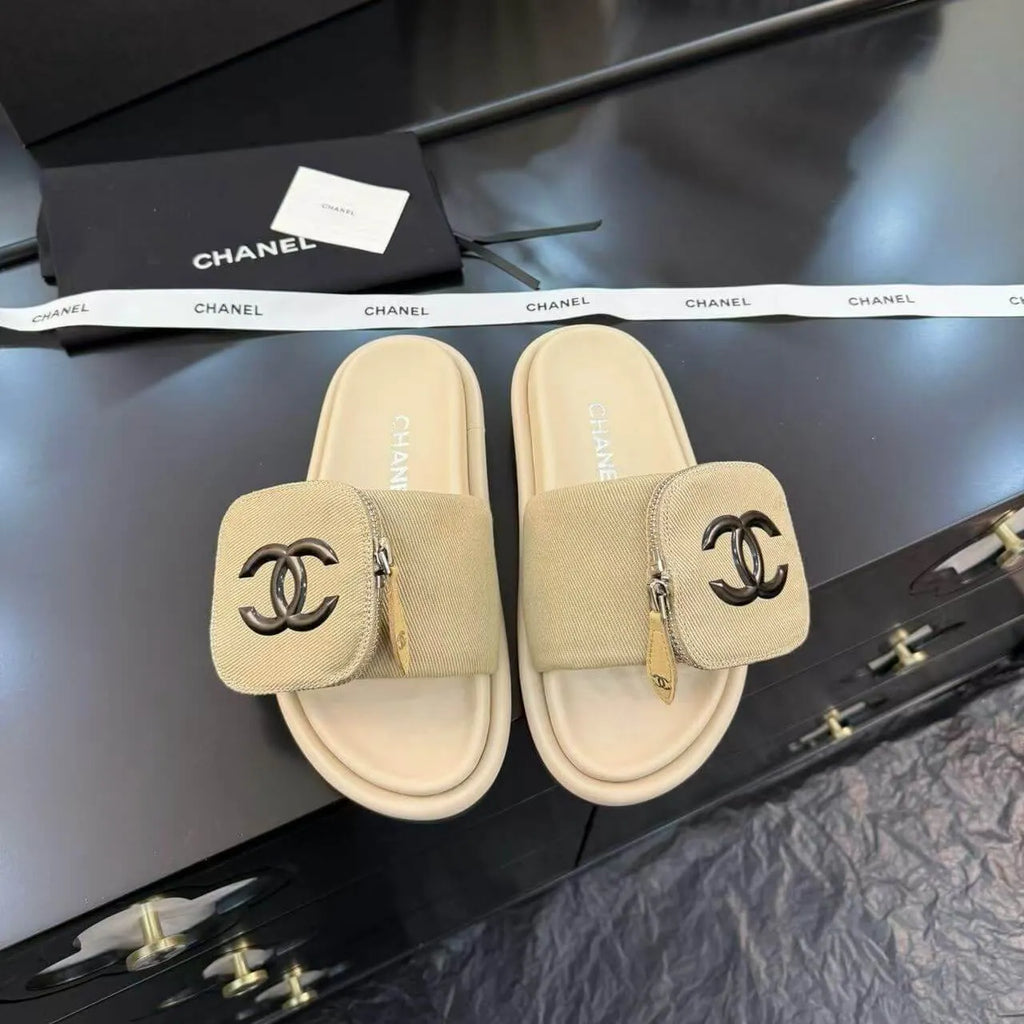 Zippered Pocket Beige Denim Fabric Sandals