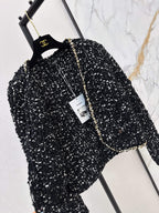 Black Tweed Gold Trim V-Neck Jacket