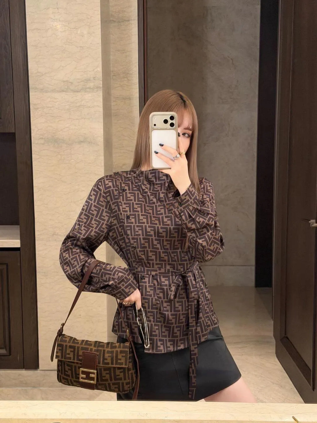 Self Belt Monogram Long Sleeve Shirt