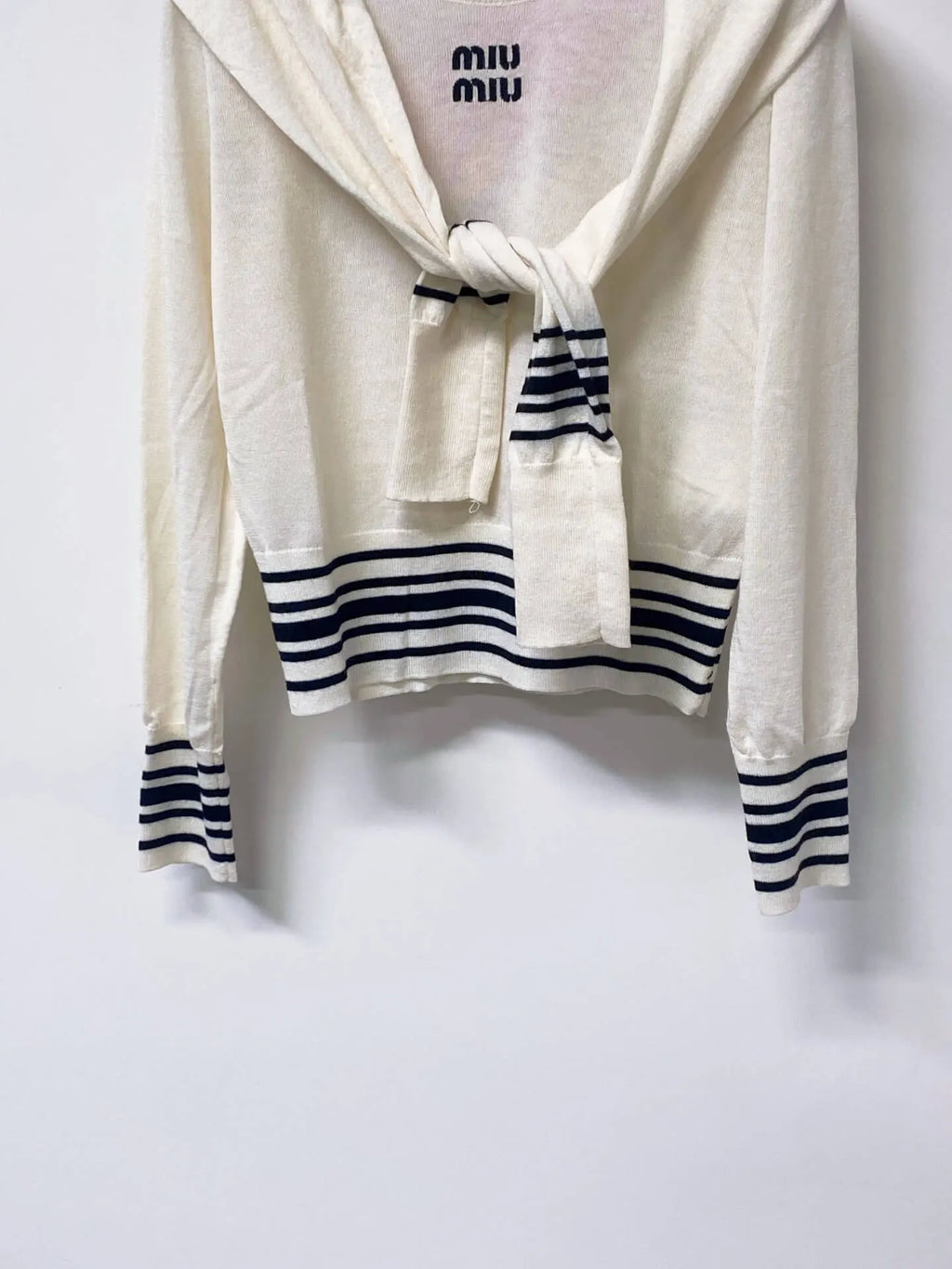 Tie Shawl Striped Embroidered Knit Top
