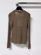 Polo V-Neck Rib Knit Long Sleeve Top