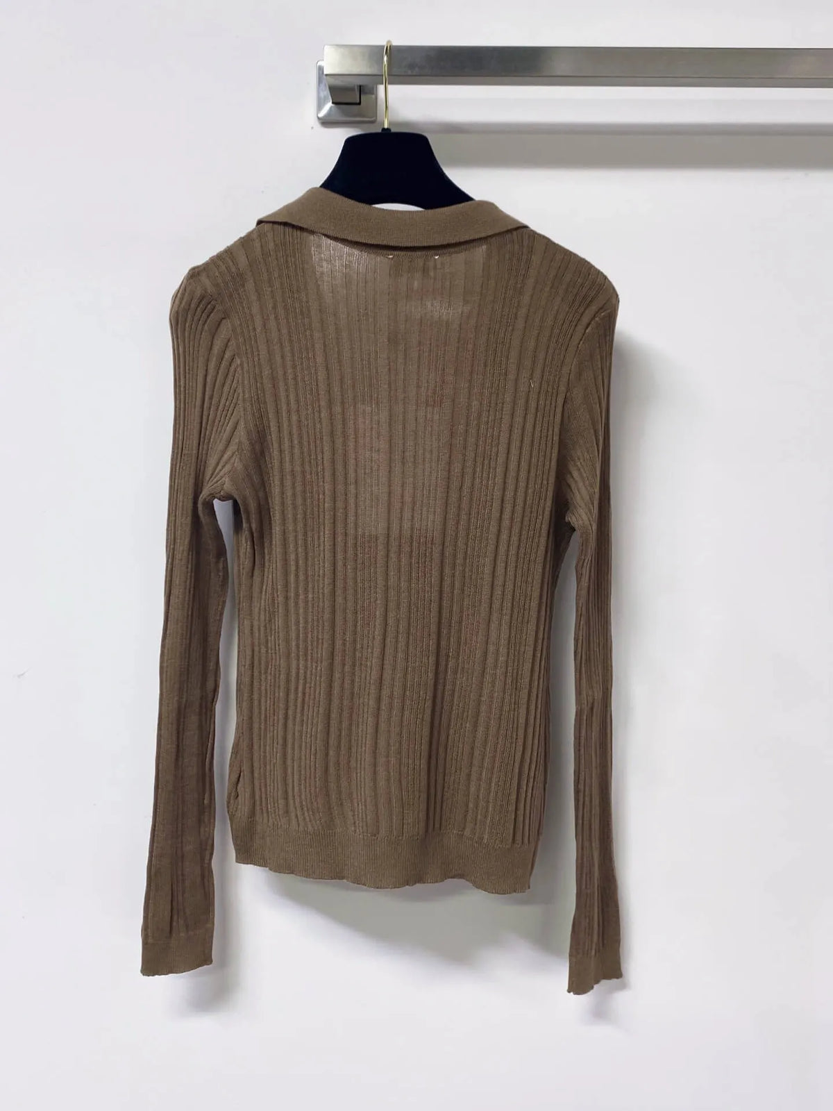 Polo V-Neck Rib Knit Long Sleeve Top