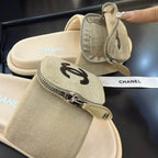 Zippered Pocket Beige Denim Fabric Sandals