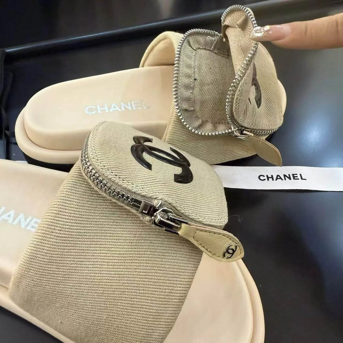 Zippered Pocket Beige Denim Fabric Sandals