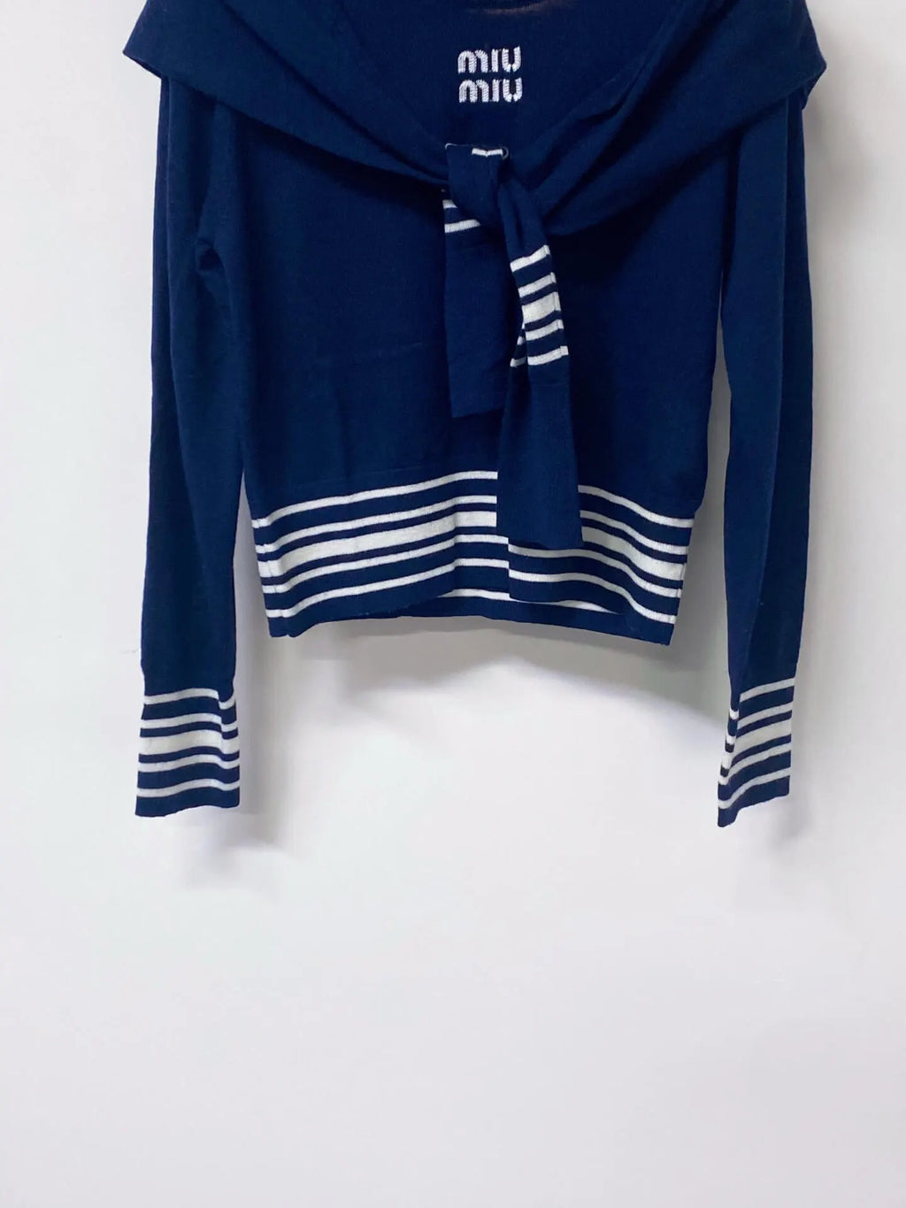 Tie Shawl Striped Embroidered Knit Top