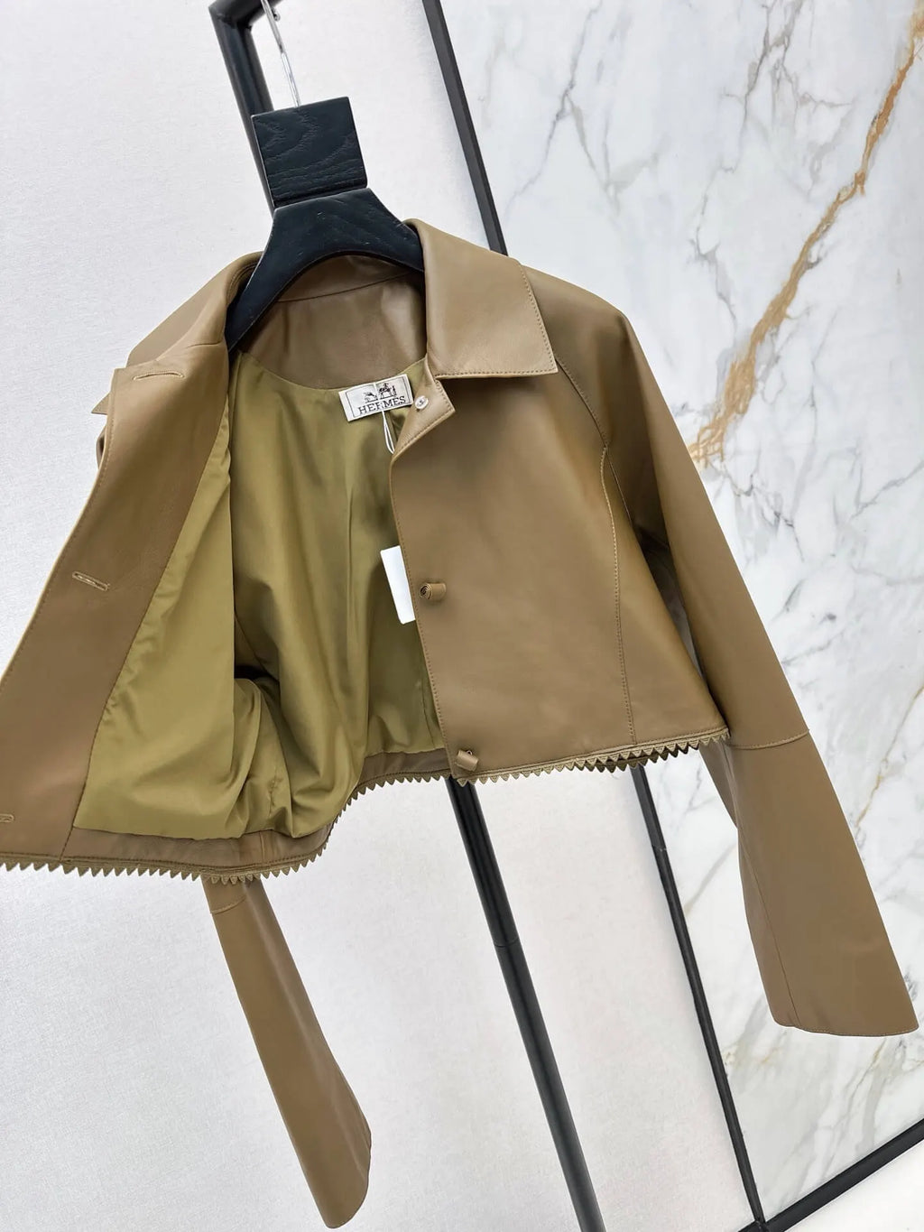Brown Cropped Leather Jacket Skirt Set