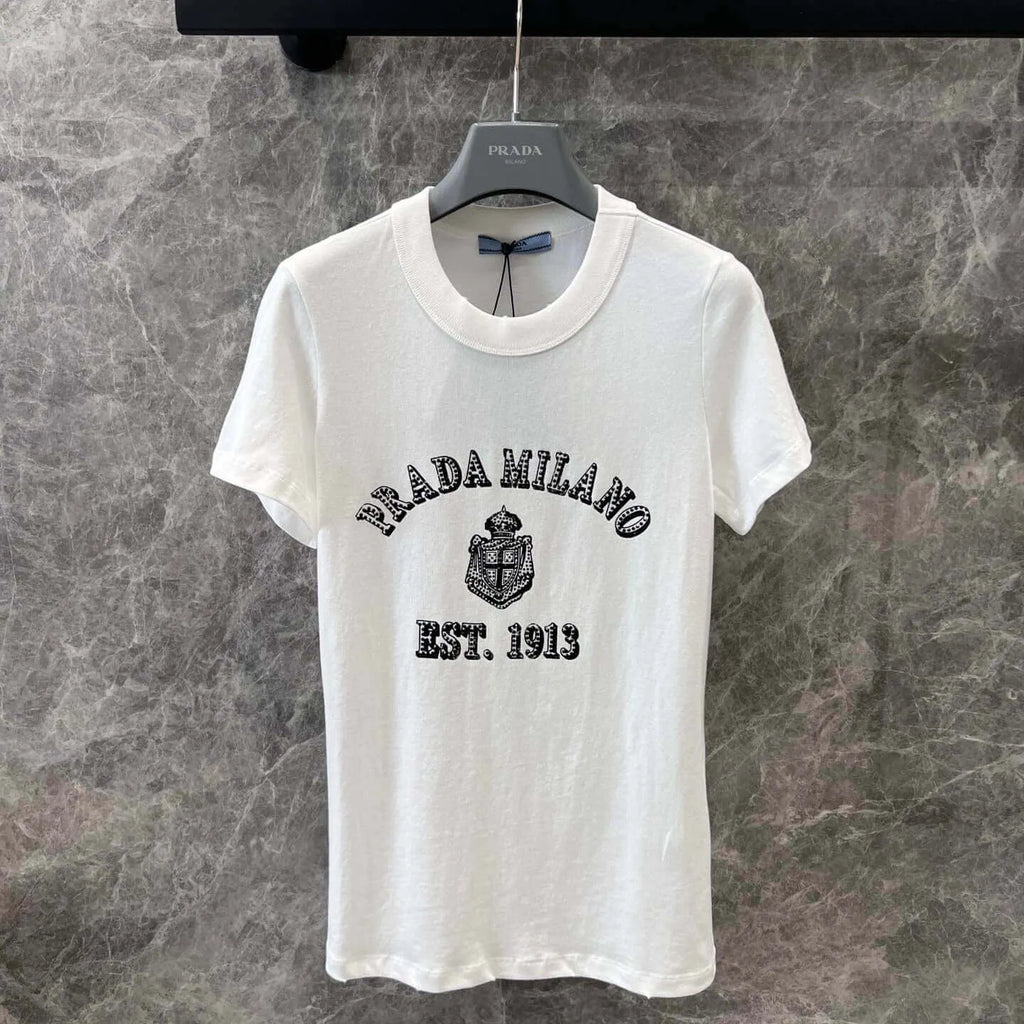 Diamond-Encrusted Letter Print Short Sleeve