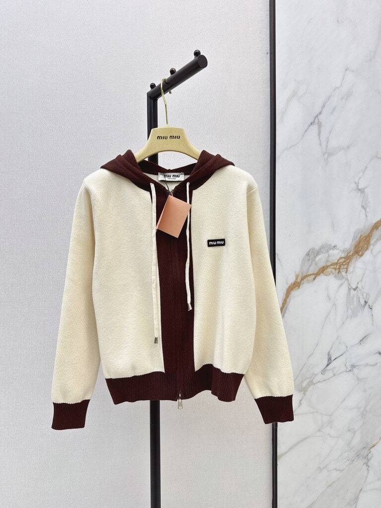 Color Block Zip‑Up Hooded Knit Jacket