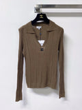Polo V-Neck Rib Knit Long Sleeve Top
