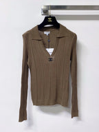 Polo V-Neck Rib Knit Long Sleeve Top