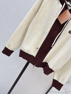 Color Block Zip‑Up Hooded Knit Jacket