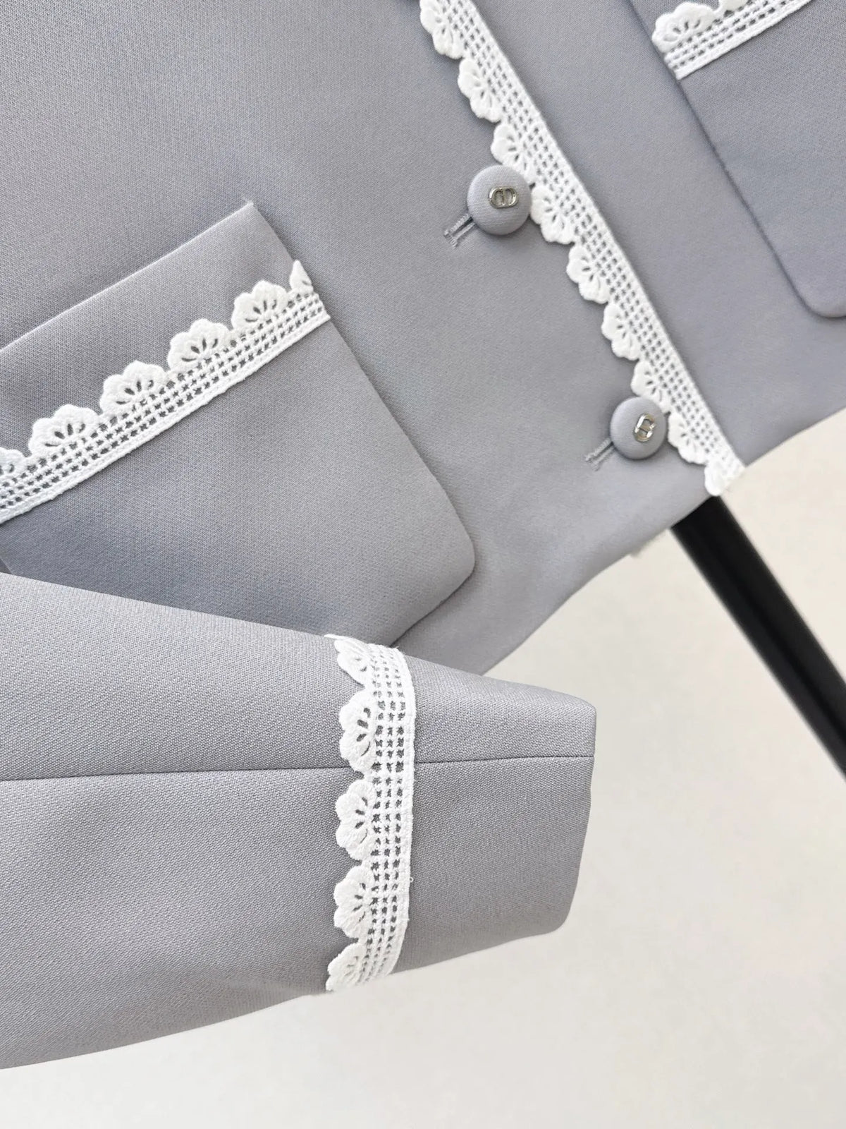 Grey Lace Trim Jacket and Skirt Set